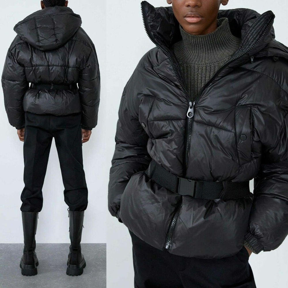 NEW ZARA BLACK SORONA ® DUPONT™ BELTED PUFFER JACKET REMOVABLE HOOD SZ S